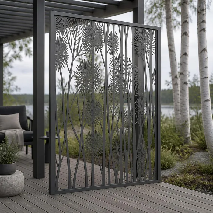 Dekorativ aluminiumvägg med skandinaviskt laserskuret mönster som vindskydd till pergola