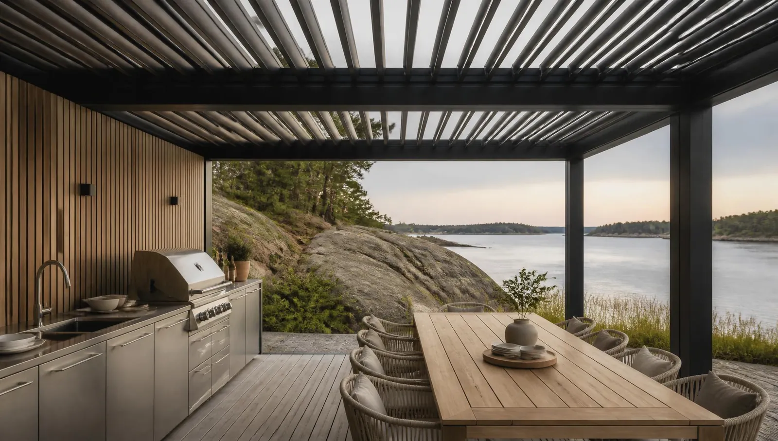 Pergola och modulärt utekök i rostfritt stål från Tjust i samma uterum, kvällsljus vid Östkusten