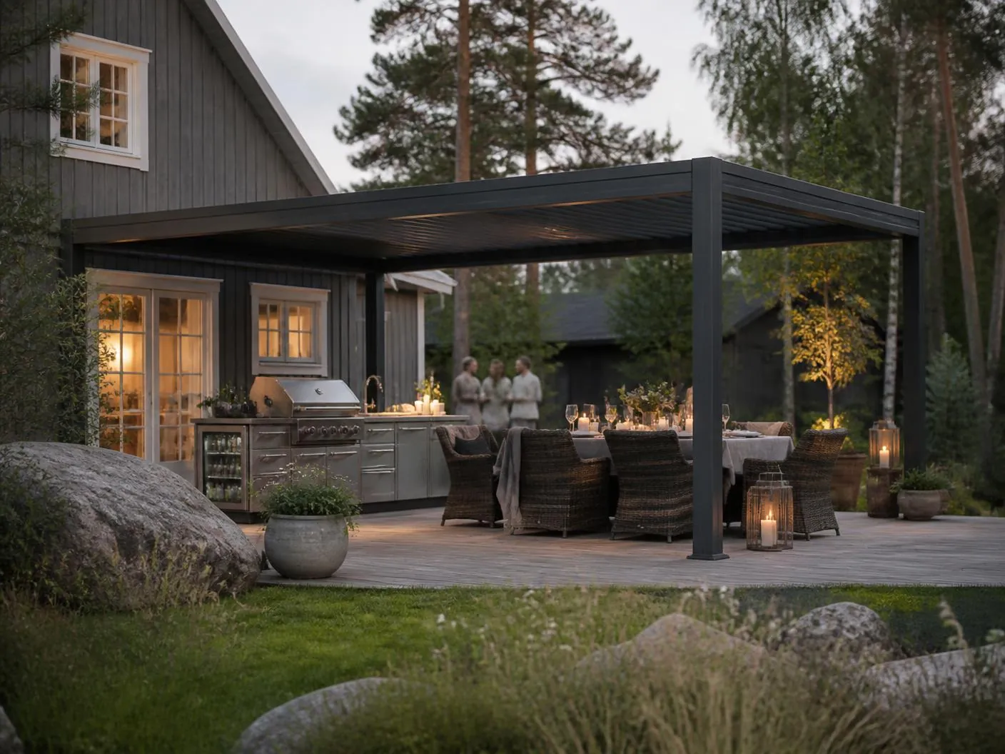 Restaurang med modulärt utekök i rostfritt stål under pergola, kommersiell utemiljö